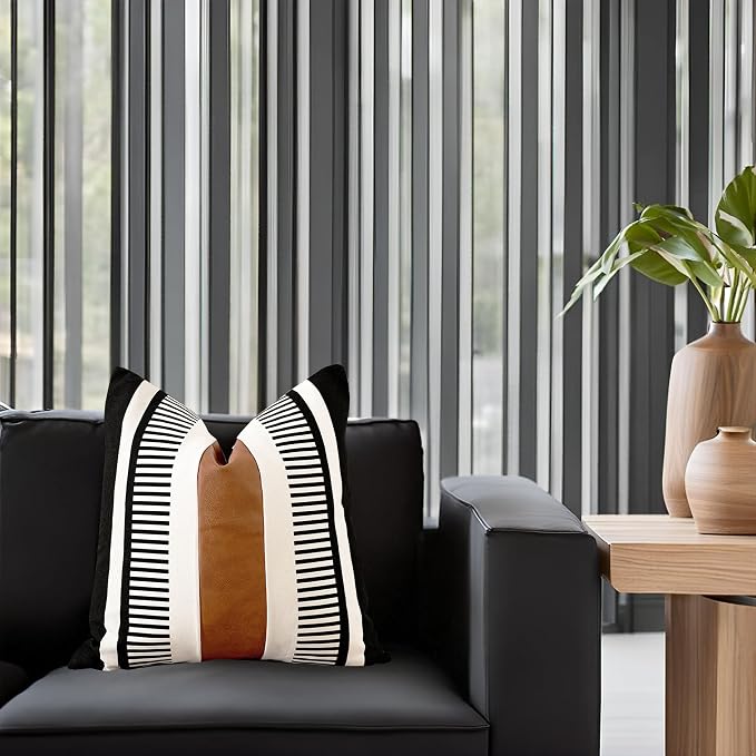 Farmhouse Stripe Euro Pillow Cover 26x26 Large Accent Cushion Cover Black and White Faux Leather Decorative Pillowcase for Sofa Couch Chair Bedroom Modern Decor,Black