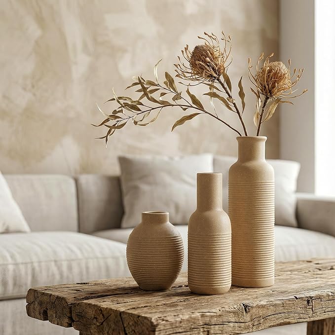 Rustic Farmhouse Vase Set of 3 - Ceramic Decorative Vintage Vases Home Decor - Pampas Grass Dried Fresh Flowers - for Centerpiece, Coffee Table, Mantel Entryway, Living Room, Bedroom (Retro 2)