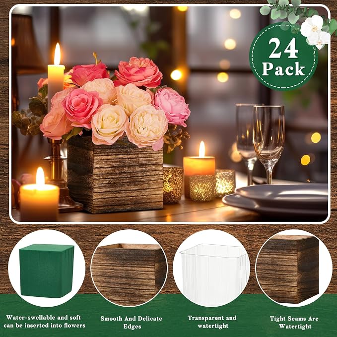 24 Set Wood Cube Planter Box Square Wood Vase Rustic Cube Planter Box with Removable Plastic Liner Floral Foam Blocks for Centerpieces Home Wedding Garden Decor, Country Style (Brown)