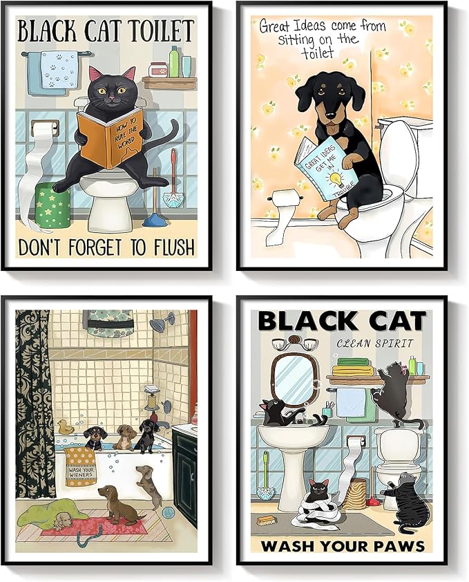 Framed Funny Bathroom Wall Art Decor, 4 Piece Cute Black Cat Dog Canvas Painting Prints, Animal Sitting in Bathtub on Toilet Reading Book Pictures for Kids Bathroom Restroom Wall Decor, 11x14 Inch