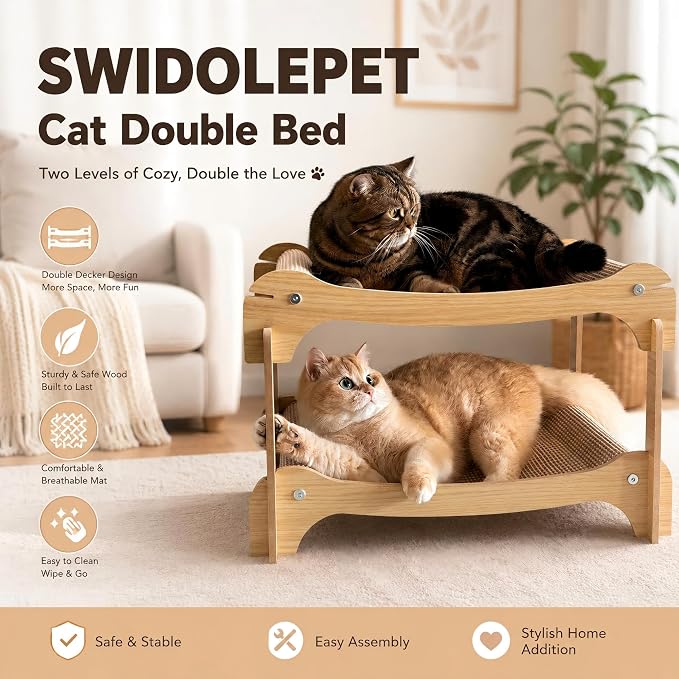 Two Level Sisal Cat Scratcher Bed | Natural Sisal Scratcher, Double Plush Perches, Non-Slip, Tool-Free Assembly for Indoor Apartment Cats Furniture Protection