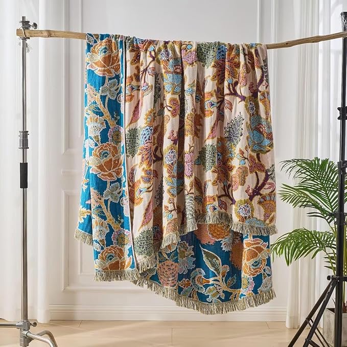 Boho Throw Blanket Farmhouse Decor Throw Blanket Bohemian Blanket for Bed 100% Cotton Muslin Woven Couch Blanket All Seasons Quilt Bedroom (E-Beige, 90"x98")