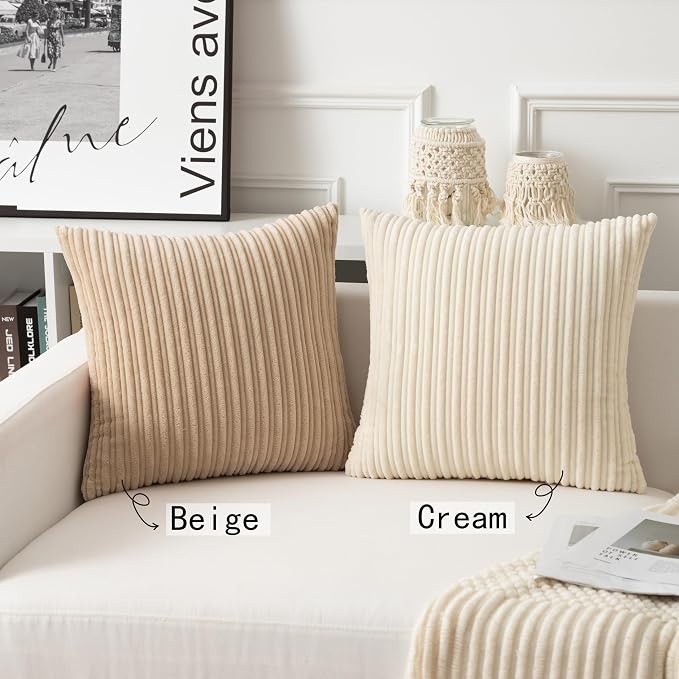 UGASA Velvet 20x20 Inch Soft Throw Pillow Cover Decorative Corduroy Striped Both Sides Solid Square Cushion Case Boho Farmhouse for Couch Bedroom Sofa Home, 1 Piece, Beige