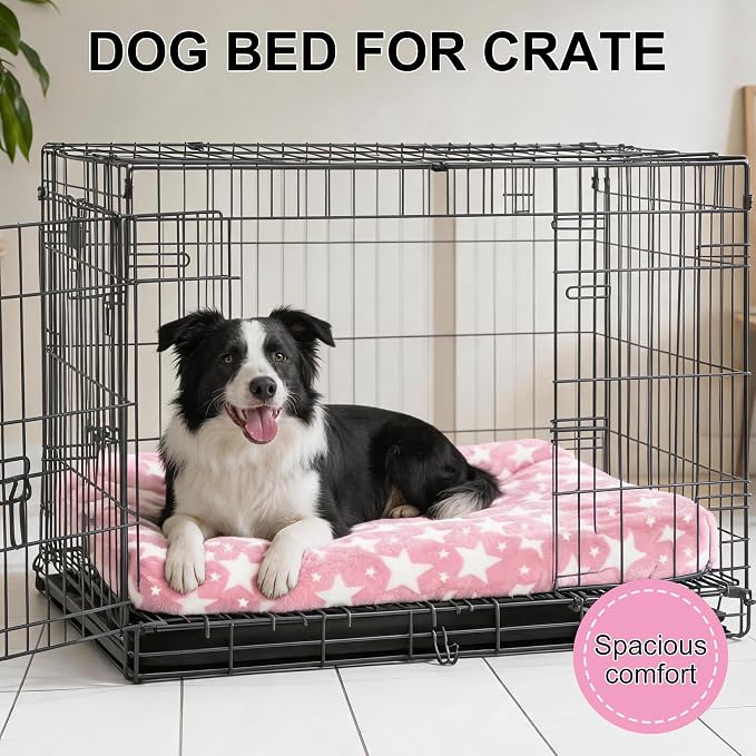Orthopedic Dog Bed for Large Dogs, Washable Dog Mat with Removable Zippered Cover, Non-Slip Bottom, Comfort Crate Bed (Big&Little Stars Pink, M(30"*20"*3.1"))