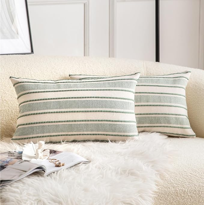 Cethom Decorative Boho Lumbar Throw Pillow Covers, Farmhouse Textured Pillow Case, 12 x 20 Inch Set of 2, Chair Sofa Bedroom Living Room Home Decor Couch Cushion Case, Green and Beige