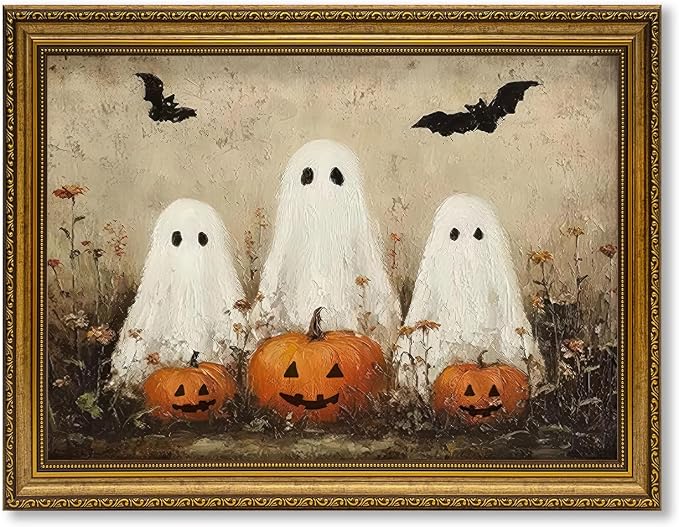 JLTULT Cute Ghost Halloween Wall Art, Vintage Framed Canvas, 8 x 10 In | Cute ghosts and pumpkins on fade-resistant canvas with a ready-to-hang ornate PS frame for entryways and Halloween displays