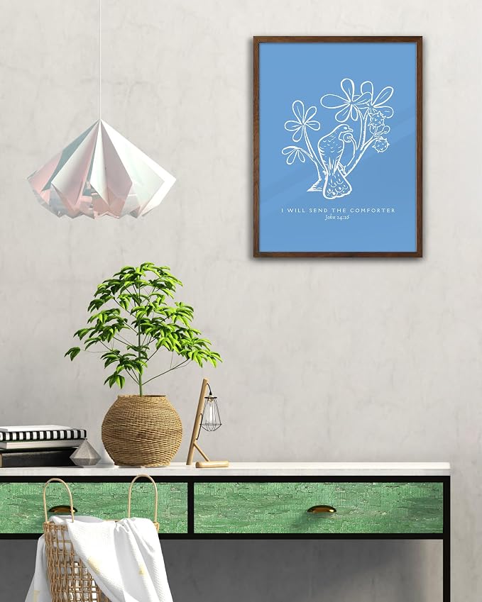 EcoHest 12x16 in John 14:16 I Will Send The Comforter Christian Wall Art | Walnut Color Solid Oak Frame， Canvas Wall Art, Bible Verse Holy Spirit Floral Decor for Bedroom, Living Room, Office, 1Pack