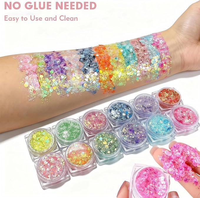 12 Colors Glow in The Dark Glitter Gel,Makeup Chunky Fine Glitter for Women, UV Black Light Body/Face/Hair/Eyeshadow for Halloween Makeup Raves Festivals