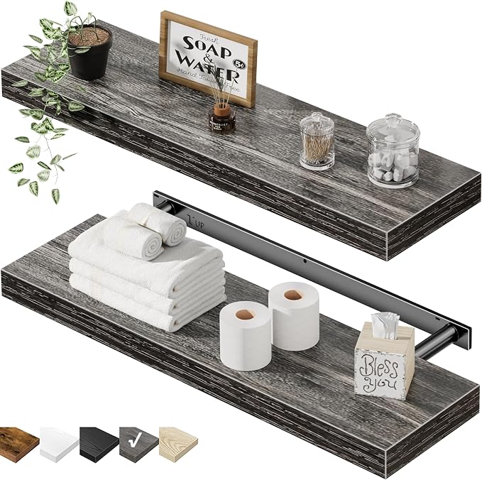 QEEIG Floating Shelves for Wall 23.6" Long - Wall Mounted Shelf Bathroom Kitchen Living Room Bedroom Farmhouse Home Decor Display Bookshelf Large 23.6 x 9.3 inch Set of 2, Grey (008-60GY)