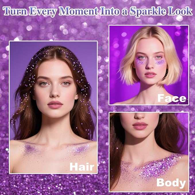 Purple Hair Glitter Stick,Purple Body Face Glitter Singer Concert Outfits for Women,Rave Accessories Carnival Chunky Sequins,Waterproof Shimmer Body Paint for Kids