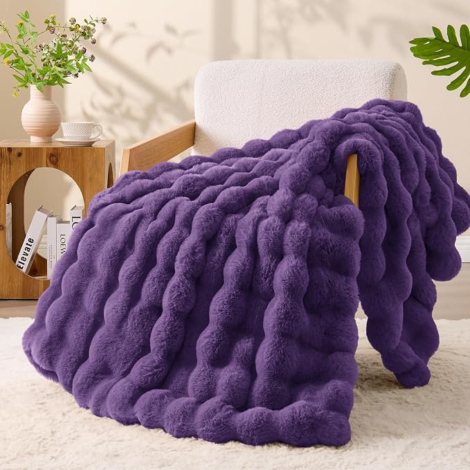 BEDELITE Faux Fur Throw Bubble Blanket for Couch, 50" x 60", Purple | 870GSM Soft Cozy Plush Blanket for Sofa & Bed Living Room Decor, Warm Fuzzy Faux Rabbit Fur for Women Gift, All Season Use