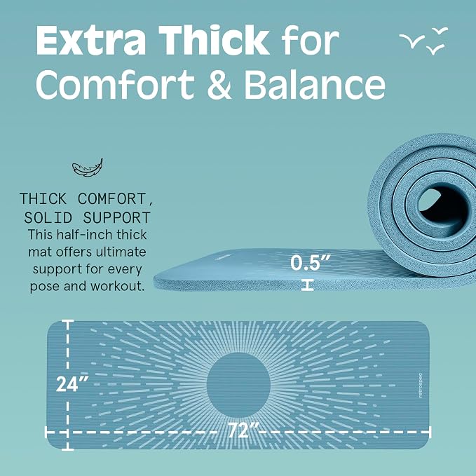 Retrospec Solana Yoga Mat Thick 1/2in Non-Slip Workout Mat with Nylon Strap - 72x24in Exercise Mat for Pilates, Stretching & Fitness - BPA Free, Easy Clean