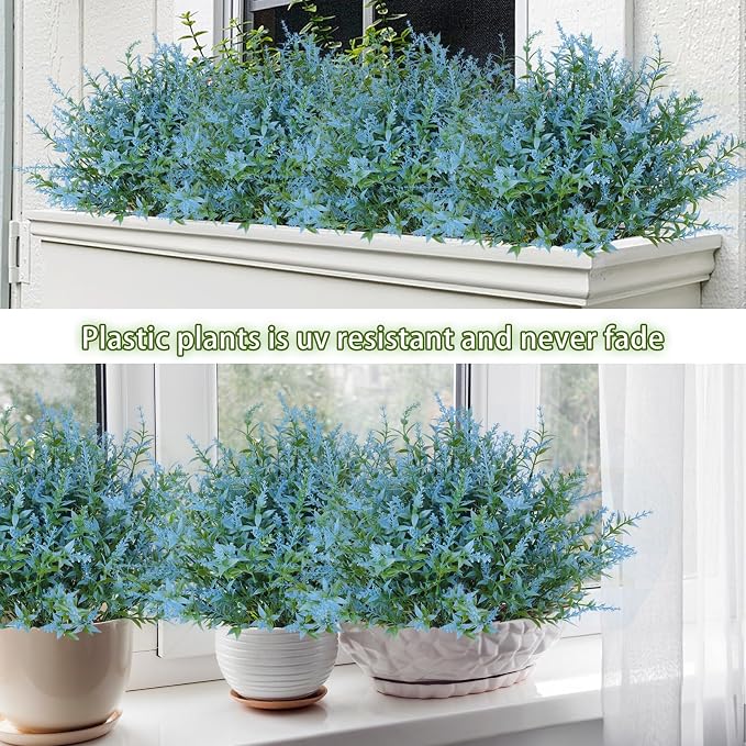 RECUTMS Blue Artificial Flowers for Outdoor Artificial Plants & Flowers 8Pc | Faux Plants for Outdoor Planters Spring Fake Shrub Faux UV Resistant Flower Plastic Fillers Indoor Outside Hanging Decoration