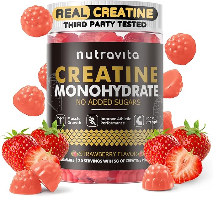 Nutravita Creatine Monohydrate Gummies for Men & Women-5g of Creatine Monohydrate per Serving - Sugar Free,Vegan, Strawberry Flavor, 120 Count