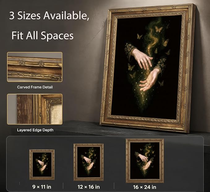 Vintage Gold Framed Canvas Wall Art Gothic Dark Academia Painting Picture Wall Decor Magic Hands Butterfly Poster Print Artwork for Living Room Bedroom Bathroom Office Home Decoration