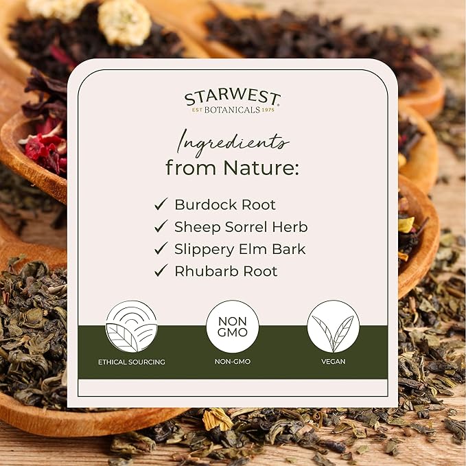 Starwest Botanicals Essiac Tea Organic - Caffeine Free Herbal Blend, Loose Leaf Burdock Root, Slippery Elm Bark, Sheep Sorrel, & Rhubarb, Certified Kosher, Non-GMO - Bulk 1 lb Bag