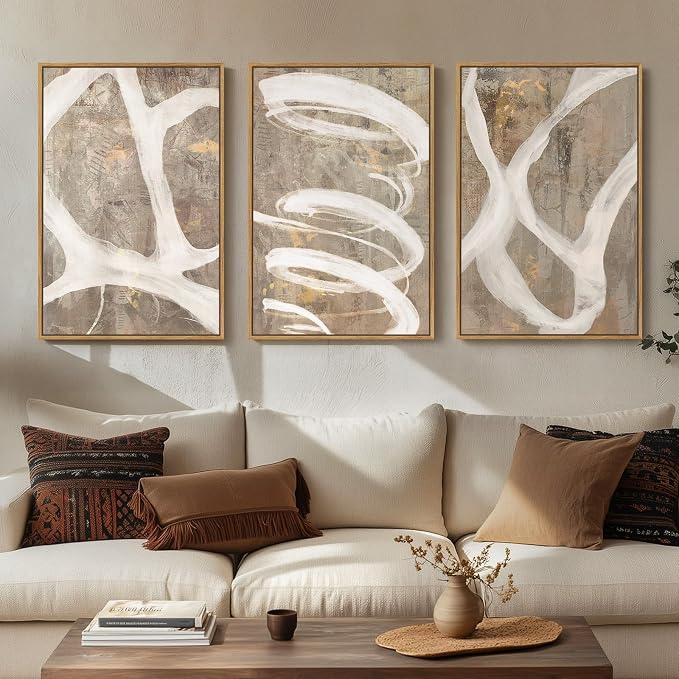 Large Framed Abstract Wall Art, Set of 3, Beige Taupe White, 20x30 In | Neutral artwork, Modern canvas prints, Wood frame, Minimalist pictures, Wall decor for living room dining bedroom hallway