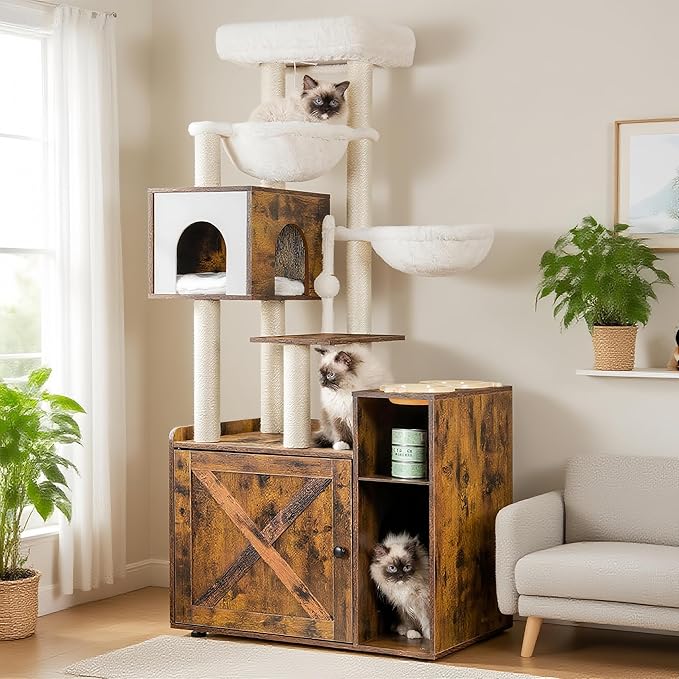 Hey-brother Cat Tree Tower, Wooden Litter Box Enclosure and Condo, MPJ115SR