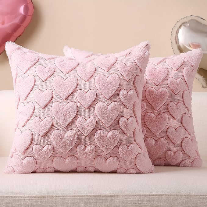 Softalker Pink Heart Pillow Covers 20 x 20 Inch Set of 2, Spring Summer Soft Faux Fur Cushion Covers, 3D Embroidered Pillow Cases for Sofa, Couch, Bedroom