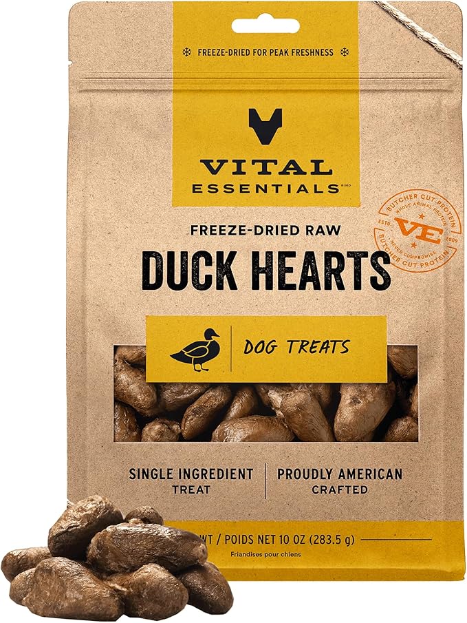 Vital Essentials Freeze Dried Raw Duck Hearts Dog Treats, 10 oz Bag | Single Ingredient, Premium Quality Protein, Grain Free Treats, USA Made with U.S. & Globally Sourced Ingredients