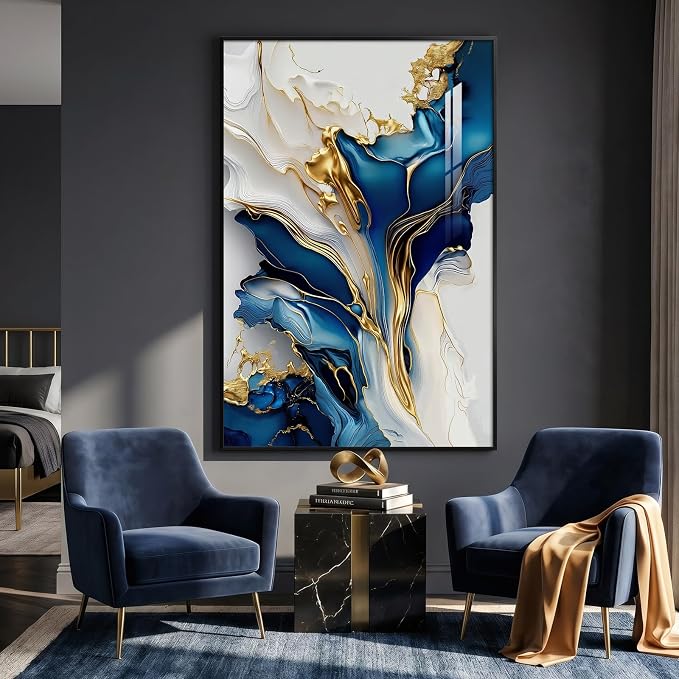Extra Large Black Framed Gold and Blue Abstract Wall Art for Living Room, Vertical Modern Elegant Prints Painting Artwork for Walls, Contemporary Pictures Wall Decor for Bedroom and Office, 40x60 In