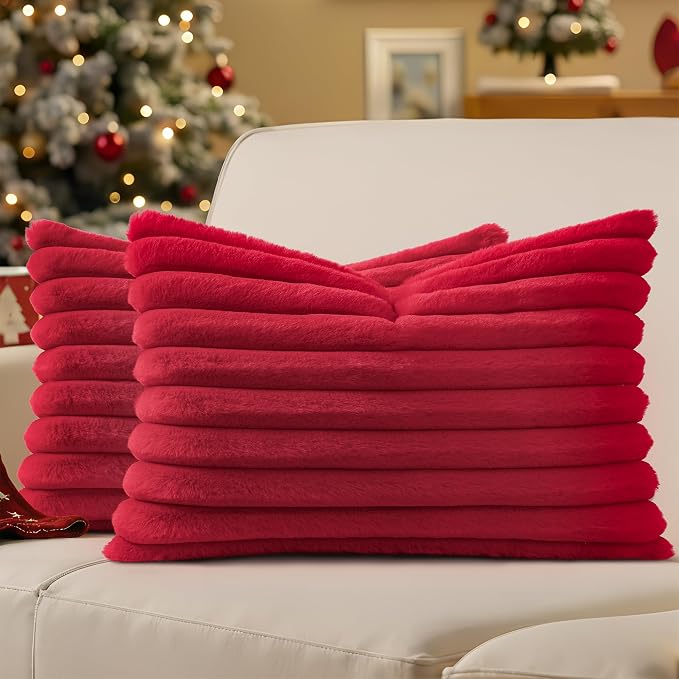 decorUhome Fall Faux Fur Throw Pillow Covers 12x20 Set of 2 Red | Decorative Soft Cozy Striped Plush Modern Farmhouse Boho Couch Pillow Cases Velvet Back for Sofa Bed Living Room Home Decor