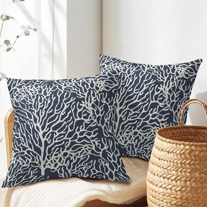 Nautical Coastal Coral Pillow Covers 22x22 Inch Set of 2 Summer Ocean Beach Navy Blue Decorative Pillow Cases Outdoor Linen Cushion Cover Farmhouse Decor for Bedroom Home Sofa Couch Bed