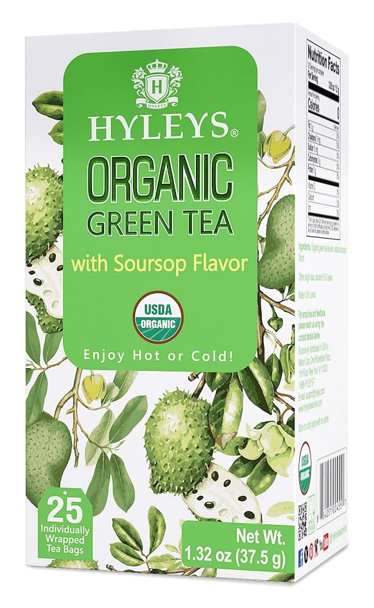 HYLEYS Organic Green Tea with Soursop Flavor, 25 Individually Wrapped Tea Bags - USDA Organic Graviola Guanabana Tea with Light Caffeine