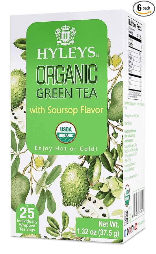 HYLEYS Organic Green Tea with Soursop Flavor, 150 Individually Wrapped Tea Bags (6 Pack of 25) - USDA Organic Graviola Guanabana Tea with Light Caffeine