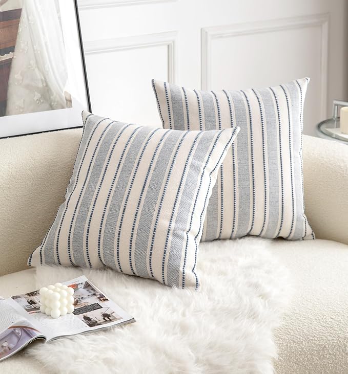Cethom Decorative Boho Throw Pillow Covers, Farmhouse Textured Pillow Case, 22 x 22 Inch Set of 2, Chair Sofa Bedroom Living Room Home Decor Couch Cushion Case, Classic Blue and Beige Striped