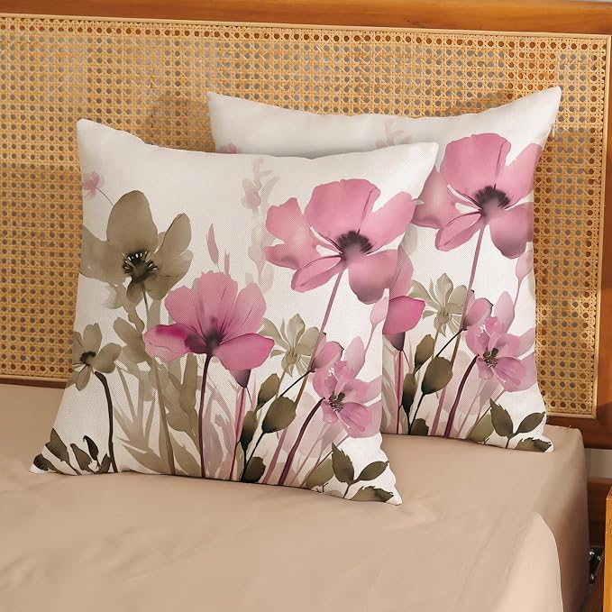 Spring Floral Pillow Covers 18x18 Inches Set of 2 Brown Pink Floral Throw Pillow Covers Outdoor Rustic Summer Flower Decoration Pillowcase Farmhouse Decorative Cushion Cover for Sofa Couch