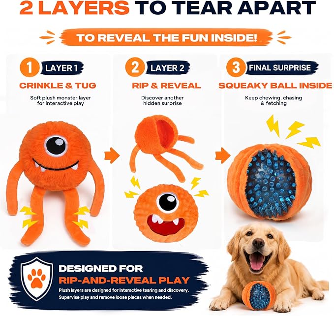 Fida Dog Toys for Aggressive Chewers, 3 in 1, Tough Squeaky Ball, Orange