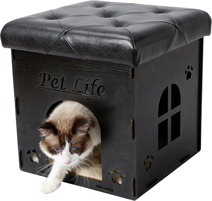 Pet Life ® Foldaway Collapsible 2-in-1 Cat Furniture Bench and Chaise Cat House Lounger or Bed
