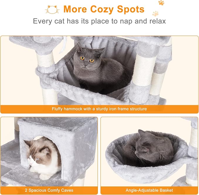 Heybly Cat Tree, 70 inches Tall Cat Tower for Indoor Large Cats HCT032W | Big Cat Condo with Toy , Cat House Furniture with Padded Plush Perch, Cozy Hammock and Sisal Scratching Posts, Light Gray