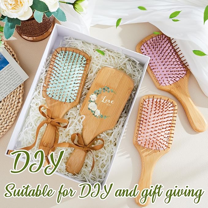 Tessco for you 12 Pcs Bamboo Hair Brushes Bulk Wooden Paddle Brush Scalp Massage Bristle Anti Static Engraving DIY Gifts for Women, Party, Wedding(9.65'' X 3.35'',Macaron)