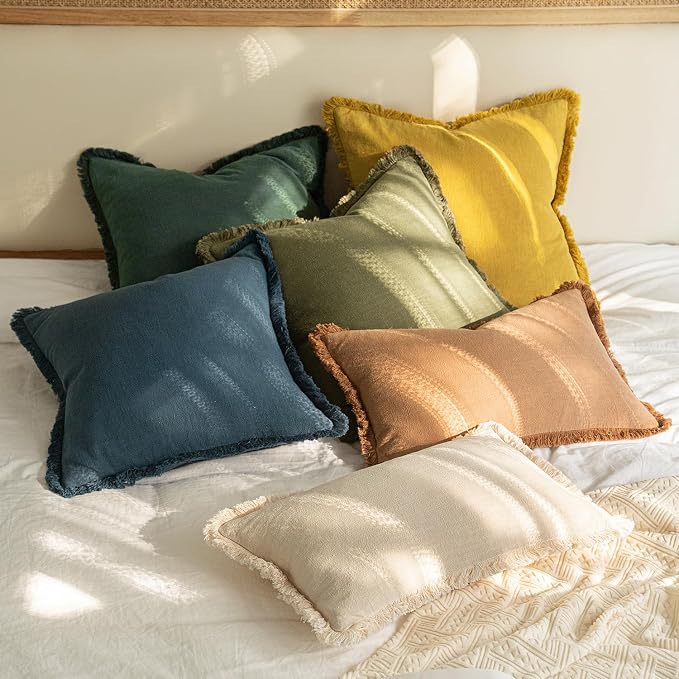 MIULEE Linen Fringe Decorative Lumbar Throw Pillow Covers Navy Blue 12x20 | Set of 2, Cottagecore Decor, Boho Farmhouse Coastal Pillow Covers, Rustic Couch Cushion Cases for Sofa Bed Living Room