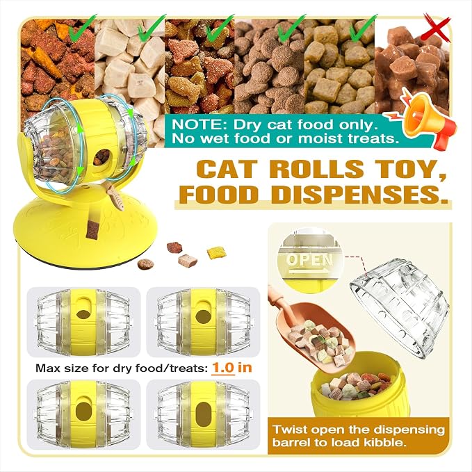 Rotating Interactive Cat Treat Dispenser Toy - Slow Feeder Puzzle for Indoor Cats-Yellow
