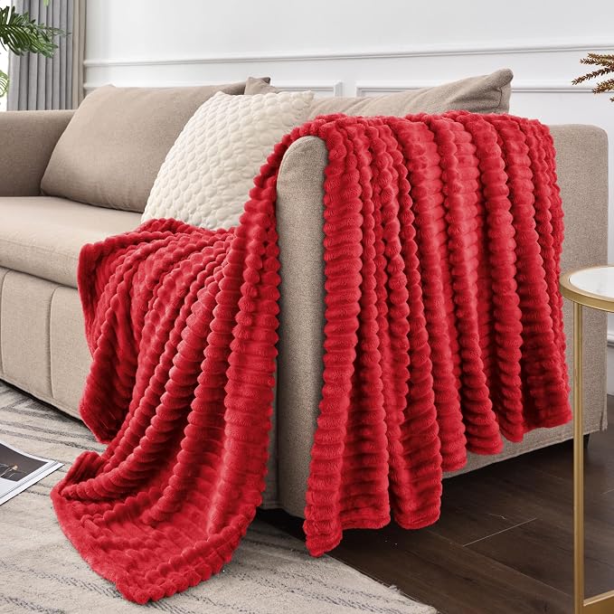 BEDELITE 3D Ribbed Jacquard Red Fleece Twin Blanket for Bed, 60x80 Inch | Soft Warm Decorative Fluffy Blanket, Cozy Plush Lightweight Fuzzy Throw Blanket for Couch Sofa Room Decor, Gift for Women