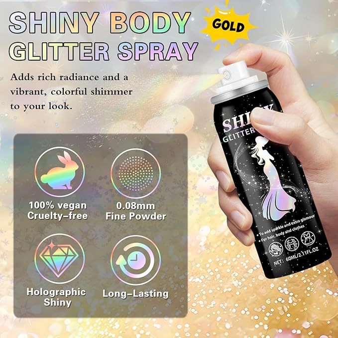 Body Glitter Spray, 60ML Shiny Gold Glitter Spray for Hair Body and Clothes,Long-Lasting Quick-Drying Holographic Ultra Fine Powder Glitter Hairspray for Festival Rave Stage Prom 2.11 Fl Oz