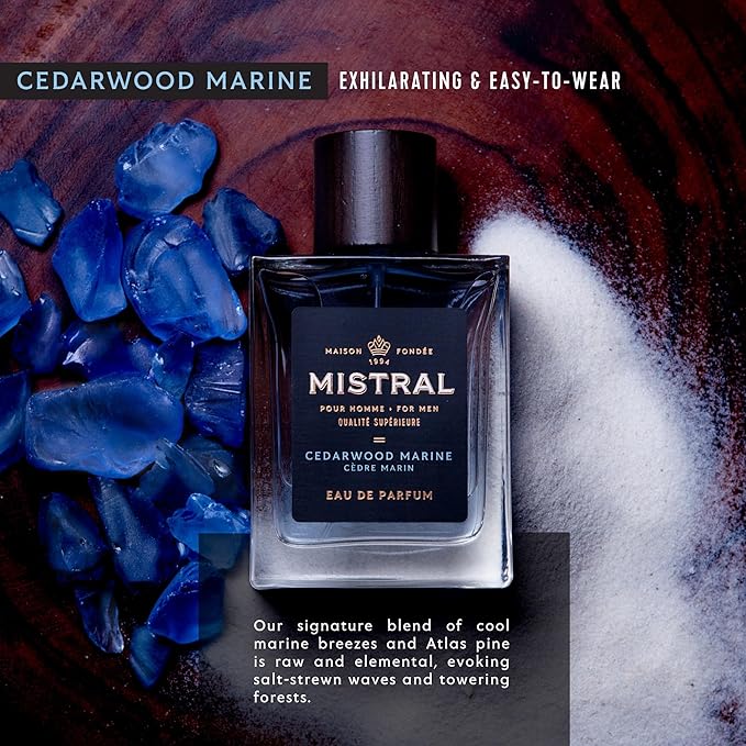 Mistral Men’s Cologne – Cedarwood Marine Eau de Parfum | Fresh & Woodsy Masculine Scent with Marine, Jasmine & Cedarwood | Cruelty-Free & Long-Lasting Perfume for Men, Made in France - 3.4 Oz