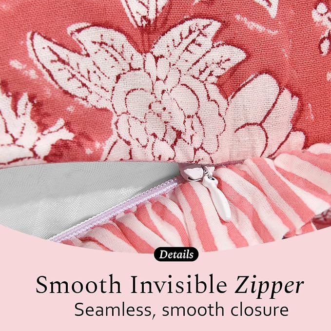 CPC Pink Coral Ruffle Throw Pillow Covers for Couch, 20x20 Inch Cotton Stripe Ruffle Couch Pillows for Living Room, Hidden 16 Inch Zipper Boho Pillow Case or Cute Outdoor Pillows