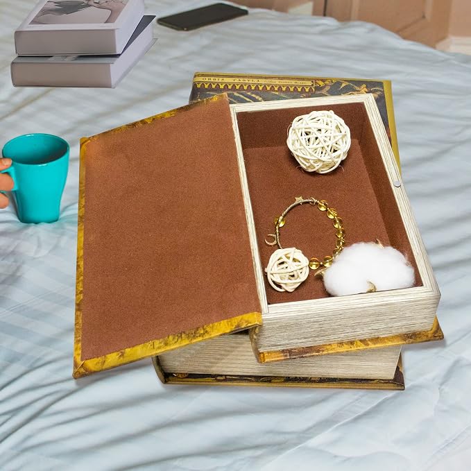 Decorative Book Box Set of 2, Trinket Keepsake Storage Boxes Book | Shaped Storage Box Vintage Style Decorative Faux Books Boxes Globe Antique Books for Home Decoration Old World Map Pattern