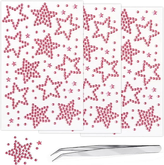 3 Sheers Acrylic Star Gems Stickers Star Self Adhesive Rhinestones Sticker Pink Face Jewels Stick On Eye Nail Body Crystal Pearls Jewels Sticker Decorative Stickers for Independence Day Make Up