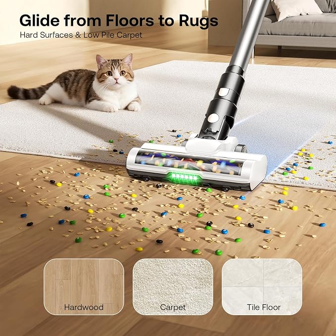 Trucozie Cordless Vacuum Cleaner, Self-Standing Lightweight Stick Vacuum with 50 mins Runtime, Powerful Suction, Anti-Tangle Wireless Vacuum for Home, Hardwood Floor, Carpet, Pet Hair, White