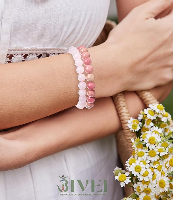 Bivei Natural Gemstone Semi Precious Healing Crystals Handmade Stretchy Round Beads Bracelet,Stocking Stuffers for Women Enhance Positive Energy
