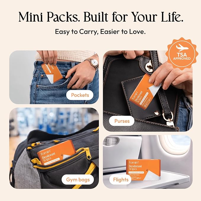FOMIN Acidified Travel Deodorant Mini Wipes For Women & Men- Citrus Harmony - 288 Count - pH Balanced, Biodegradeable Mini Deodorant Travel Size Wipes - Plastic-Free, Underarm Body Wipes