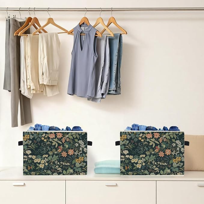 Dark Green Floral Botanical Storage Box Bins, Rustic Cottagecore Nature Flower Collapsible Storage Basket Organizer for Bedroom Bathroom Home Clothes Books, Decor for Room