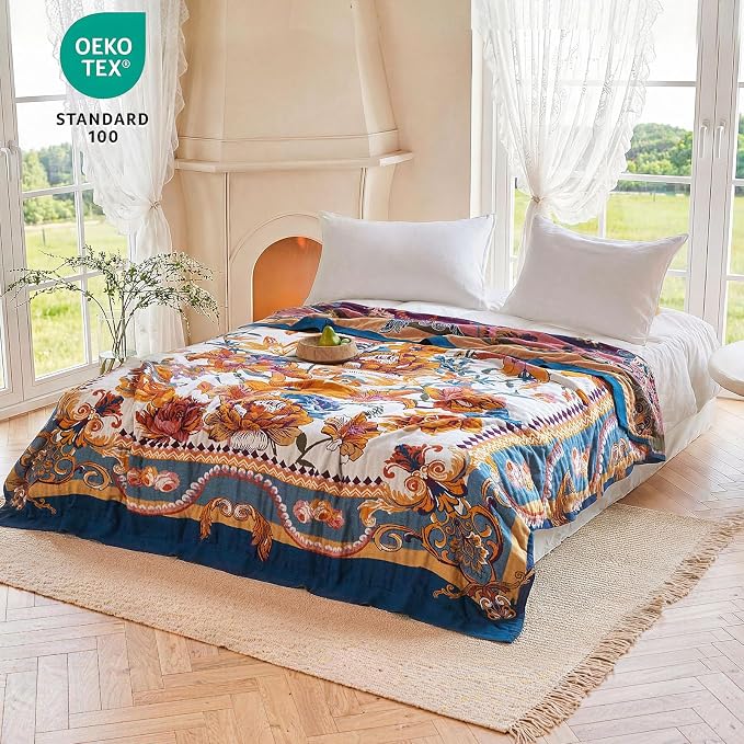MSGKV Boho Throw Blanket 60"x80" 100% Cotton Victoria Floral Throw for Bed | 100% Cotton Throw, Victoria Floral, Reversible Woven, Lightweight Comfort, Farmhouse Decor, All Seasons, Machine Washable