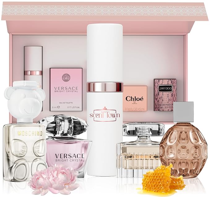 Scentown Mini Perfumes for Women (Set of 5) – Designer Perfume Samples for Women Packed in an Elegant Gift Box – Includes Moschino, Jimmy Choo, Chloé, Versace & Empty Refillable Perfume Atomizer