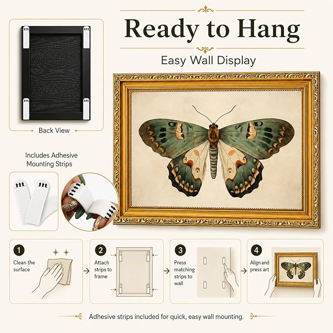 Vintage Butterfly Wall Art, Gold Framed Canvas Print, 9x11 in | Ornate gold frame, vintage butterfly print, ready to hang for bedroom, bathroom, shelf, or gallery wall